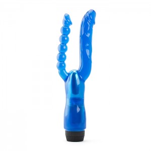 Dual Penetrator With Anal Vibrator Pearl Beads - Blue